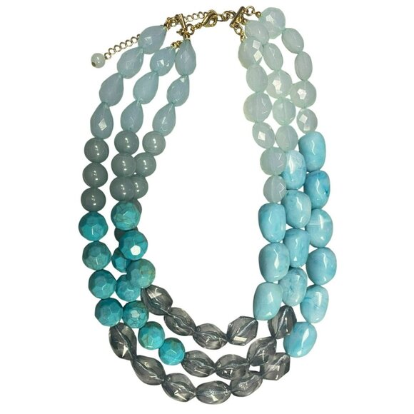 Three Stranded Chunky Aqua & Gray Beaded Necklace With 18 inch with Extender - Picture 1 of 5